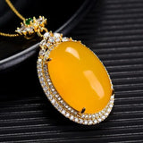 Yellow Jade Egg Pendant Necklace with Zircon Emerald - Women's Jewelry