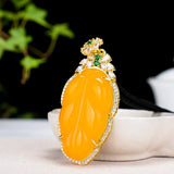 Natural Yellow Jade Leaf Pendant Necklace Zircon Emerald Chalcedony Women Charms