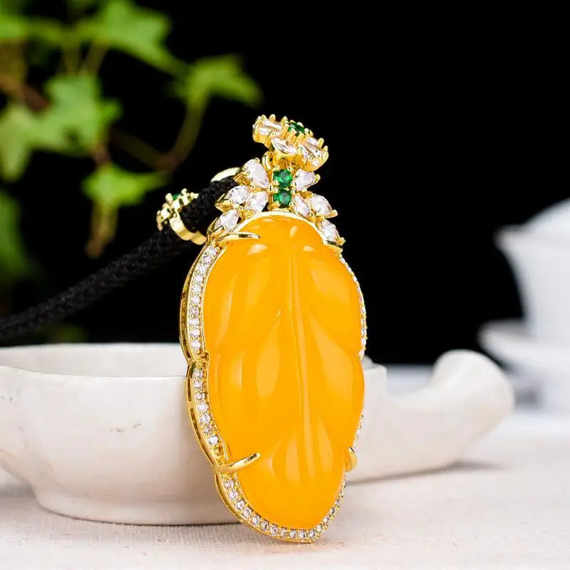 Natural Yellow Jade Leaf Pendant Necklace Zircon Emerald Chalcedony Women Charms