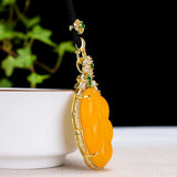 Natural Yellow Jade Leaf Pendant Necklace Zircon Emerald Chalcedony Women Charms