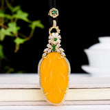 Natural Yellow Jade Leaf Pendant Necklace Zircon Emerald Chalcedony Women Charms