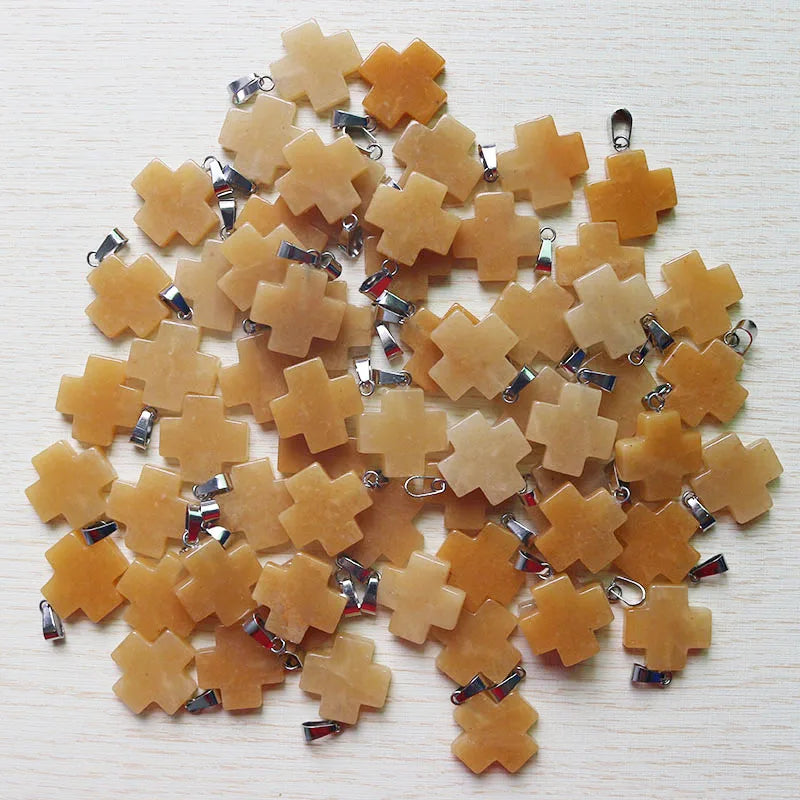 Yellow Jades Stone Cross Shape Pendants for DIY Jewelry Making 30Pcs/Lot
