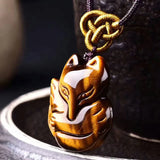 Yellow Tiger Eye Fox Head Pendant Necklace Charm Amulet Luck