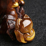 Yellow Tiger Eye Fox Head Pendant Necklace Charm Amulet Luck