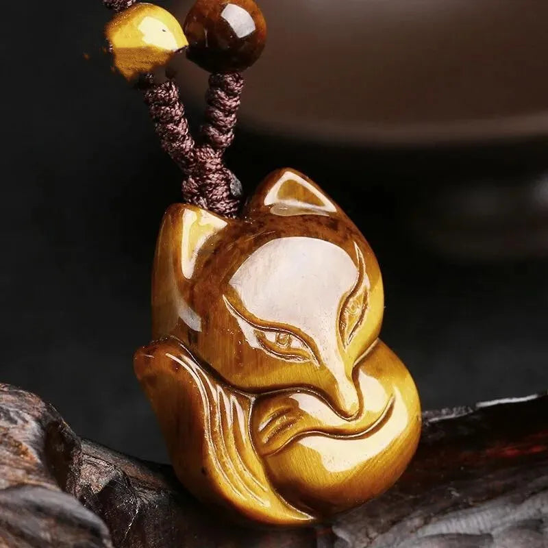 Yellow Tiger Eye Fox Head Pendant Necklace Charm Amulet Luck