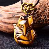 Yellow Tiger Eye Fox Head Pendant Necklace Charm Amulet Luck