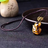 Yellow Tiger Eye Fox Head Pendant Necklace Charm Amulet Luck