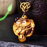 Yellow Tiger Eye Stone Jade Tiger Head Pendant Necklace