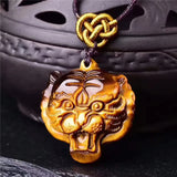 Yellow Tiger Eye Stone Jade Tiger Head Pendant Necklace