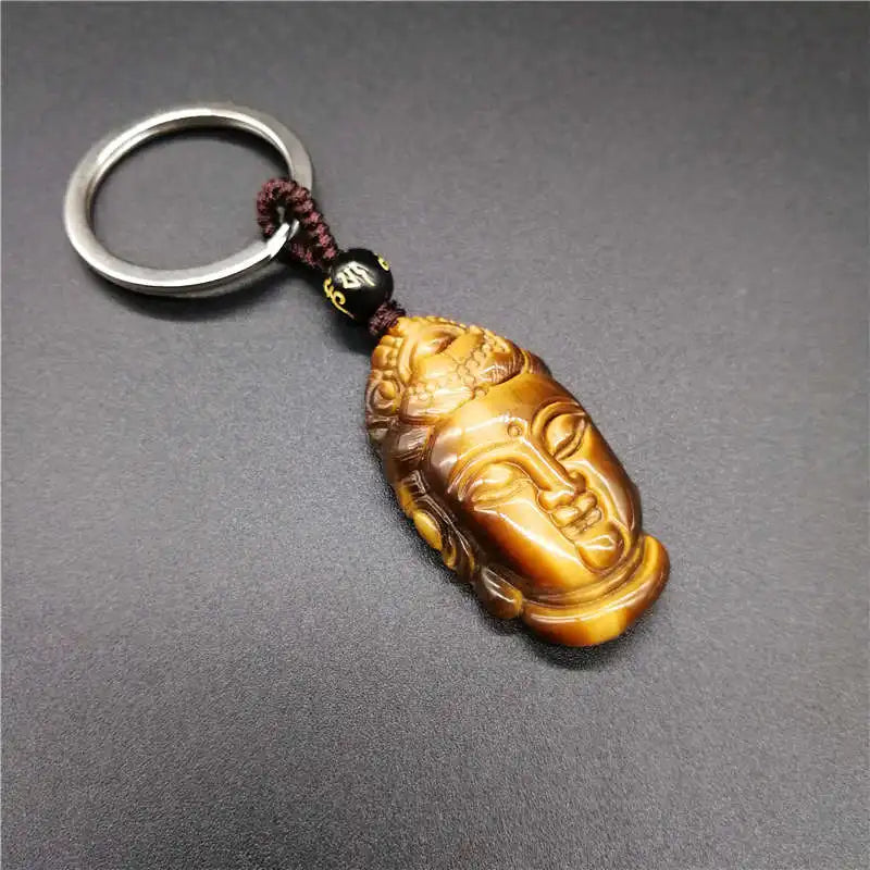 Handcarved Guanyin Head Yellow Tiger Eye KeyChain for Luck & Protection