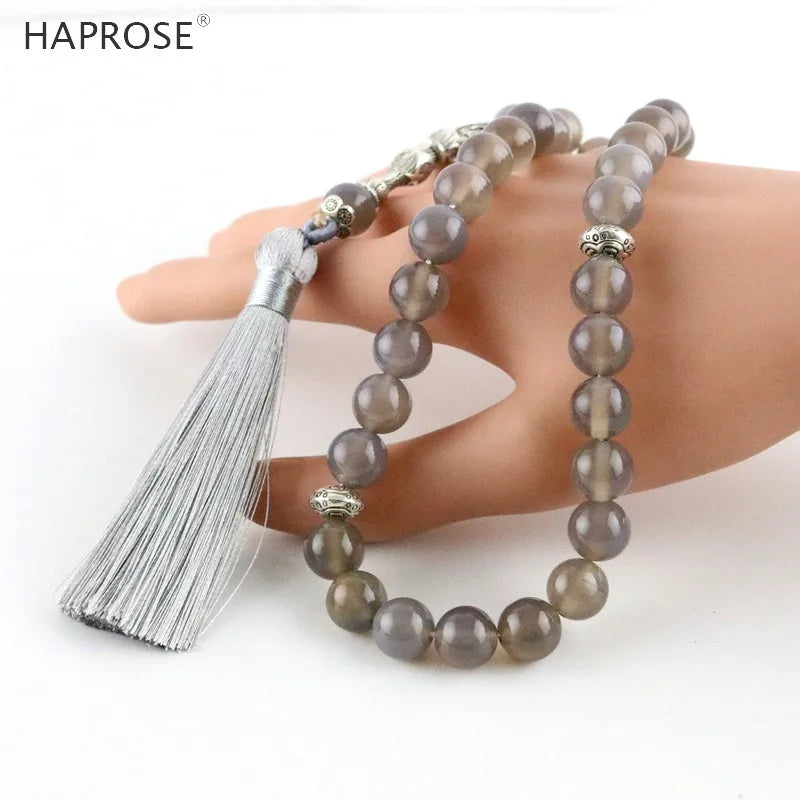 Gray Agate Stone Tasbih Prayer Islamic Muslim 33/99 Beads Necklace Tasbeeh
