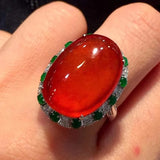 Chalcedony Red Oval Egg Face Ring, Adjustable Chinese Retro Jewelry