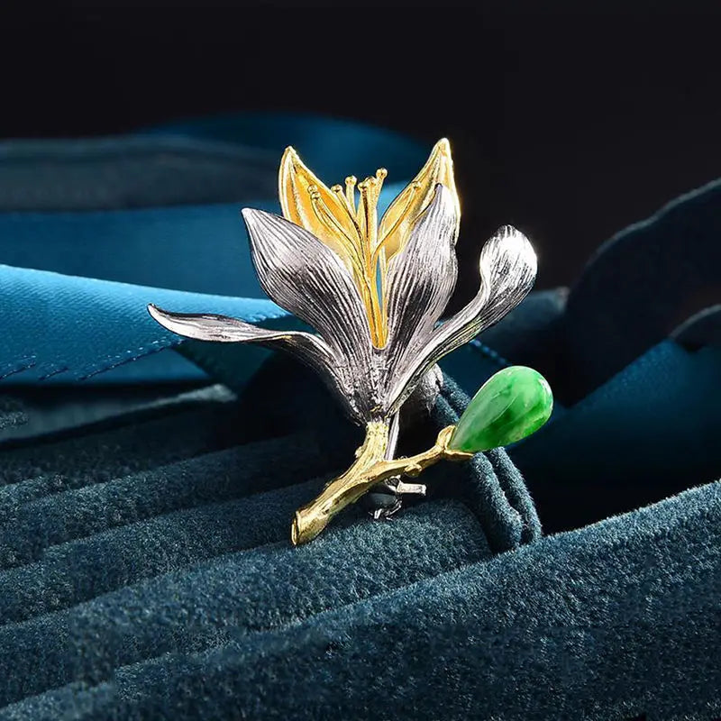 Chalcedony Ancient Rhyme Flower Brooch Dual-Use Chinese Pin Jewelry