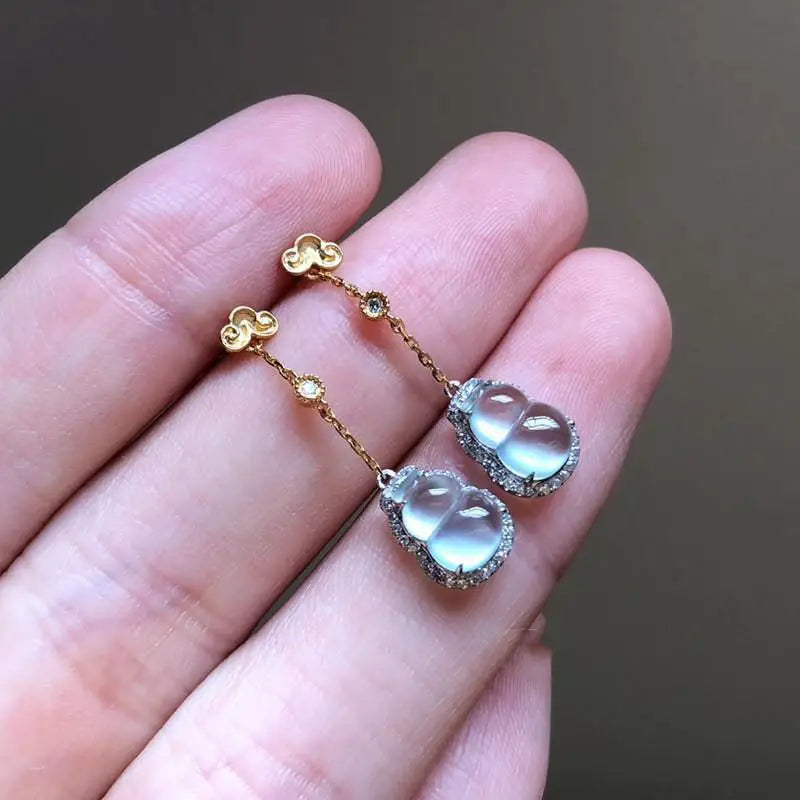 Chalcedony Gourd Egg Face Diamond Earrings Chinese Retro Lady Silver Jewelry