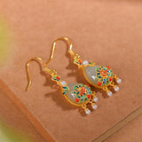 Chalcedony Water Drop Enamel Earrings with Pearl Tassel