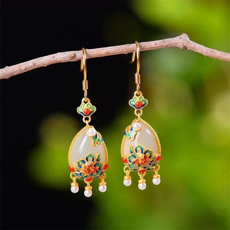Chalcedony Water Drop Enamel Earrings with Pearl Tassel