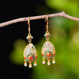 Chalcedony Water Drop Enamel Earrings with Pearl Tassel