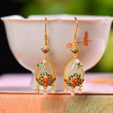 Chalcedony Water Drop Enamel Earrings with Pearl Tassel