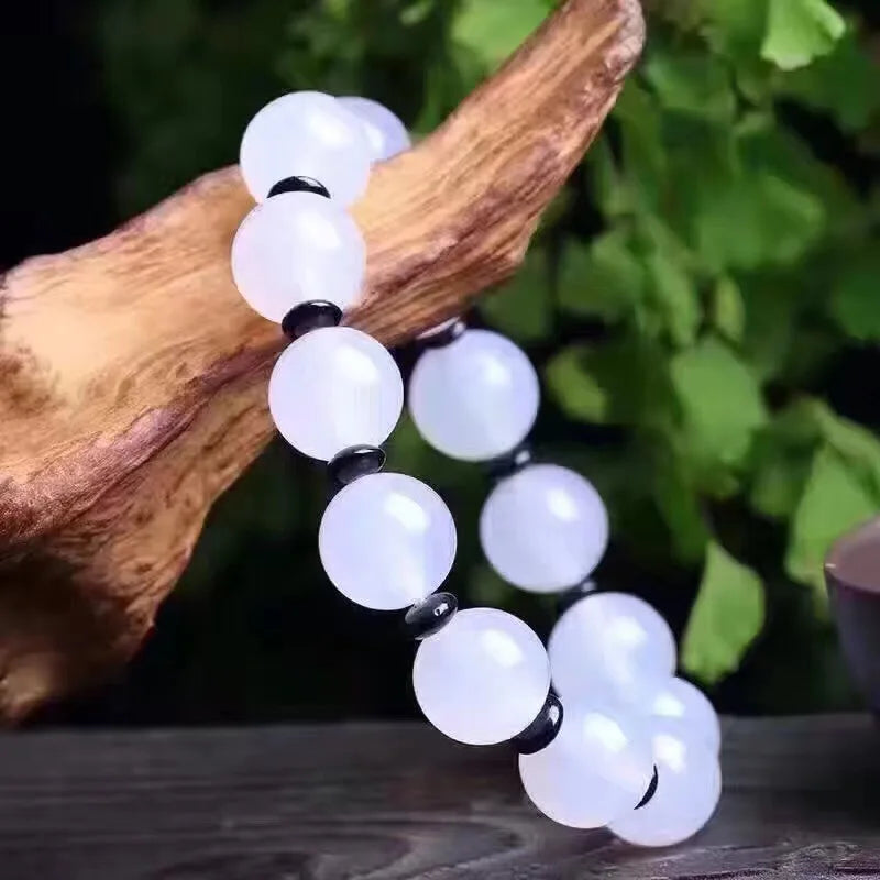 Chalcedony Agate Handcarved Beads Couples Bracelet with Jade