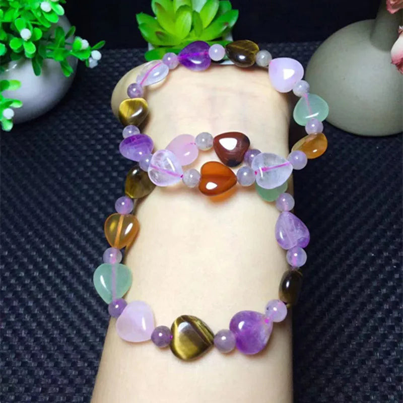 Fluorite Heart Beads Bracelet Natural Gem Healing Chakra Jewelry