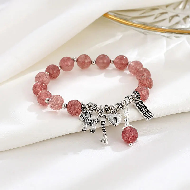 Pink Crystal Beads Bracelet with 925 Silver Pendant