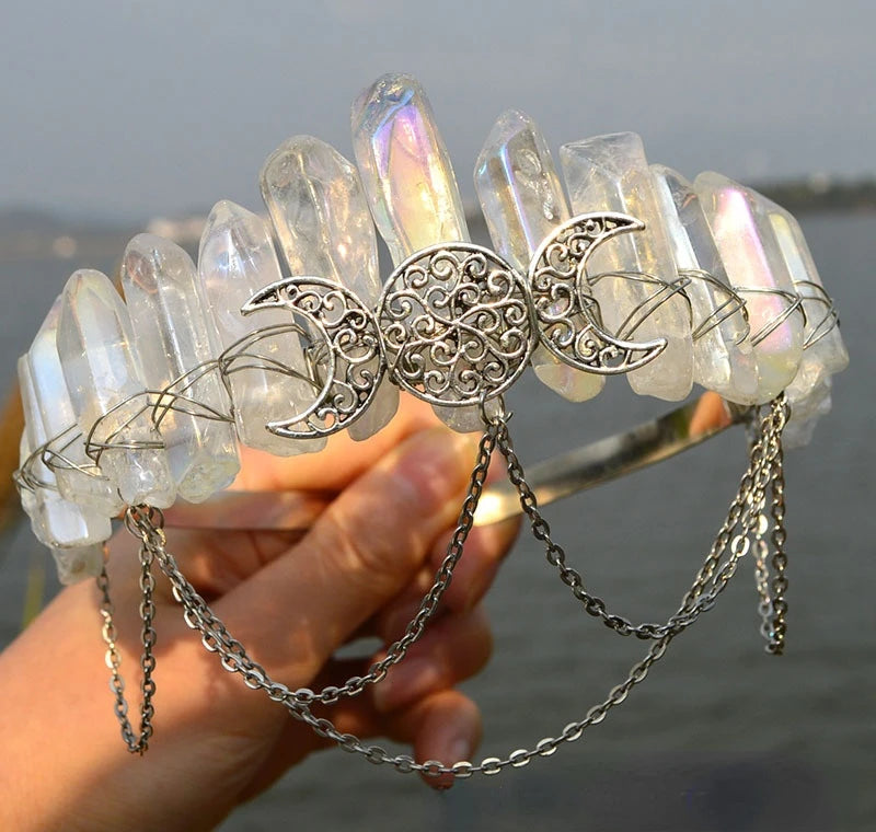 Natural Crystal Multicolored Wicca Witch Crown Headband Tiara Hair Accessories