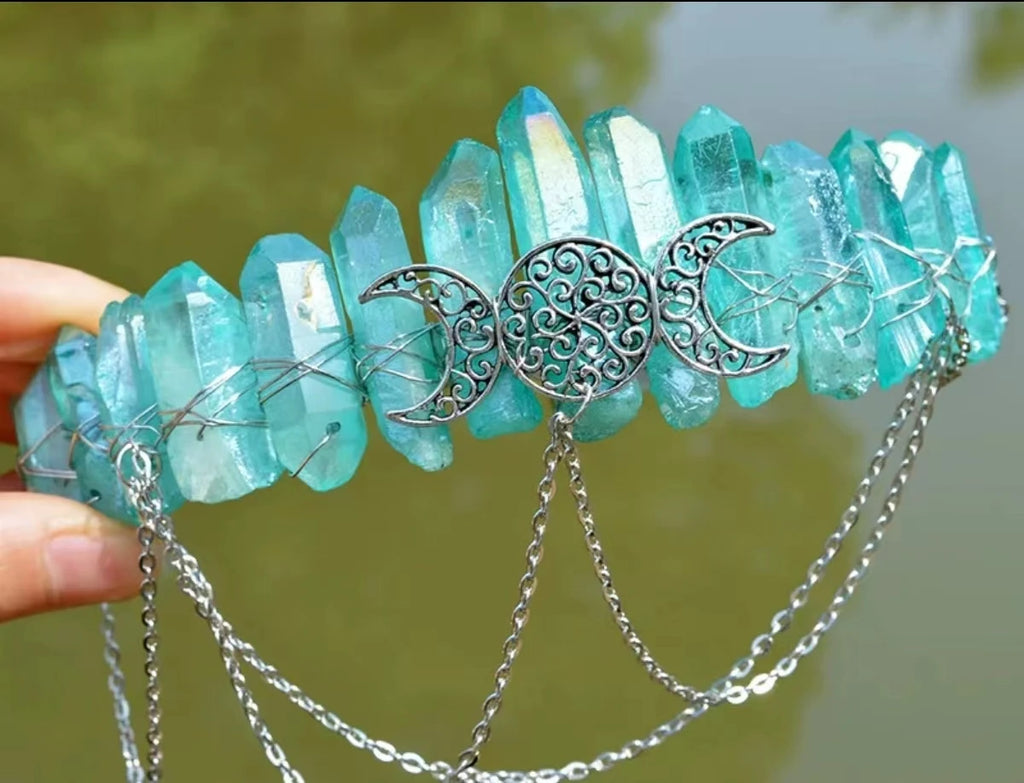 Natural Crystal Multicolored Wicca Witch Crown Headband Tiara Hair Accessories