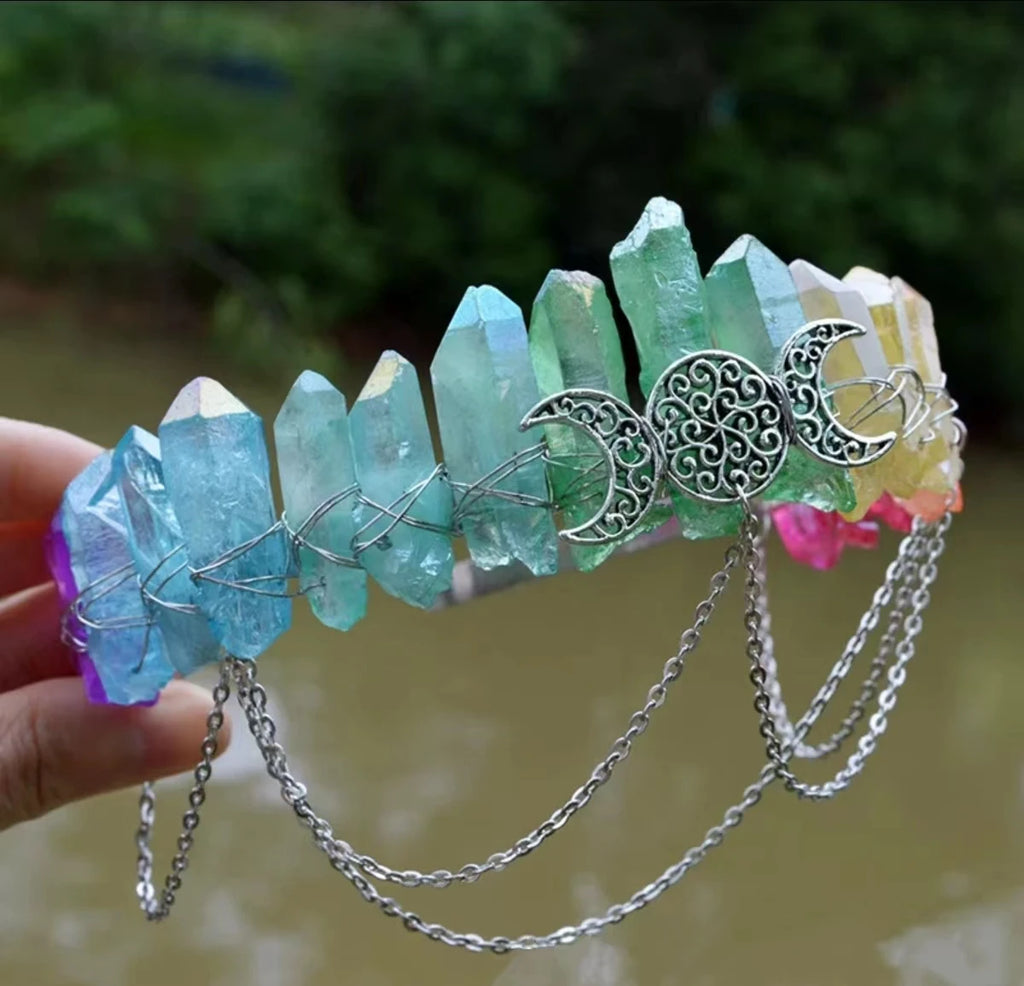 Natural Crystal Multicolored Wicca Witch Crown Headband Tiara Hair Accessories