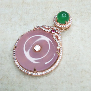 Natural Chalcedony Pink Green Stone Rose Inlaid Pendant for Women Girls