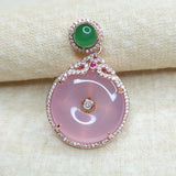 Natural Chalcedony Pink Green Stone Rose Inlaid Pendant for Women Girls