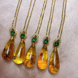 Water Drop Pendant Necklace with Flower Amber - Elegant Women's Jewelry