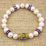 Freshwater Pearl Beads Bracelet Gold Cloisonne Jewelry 7.5inch