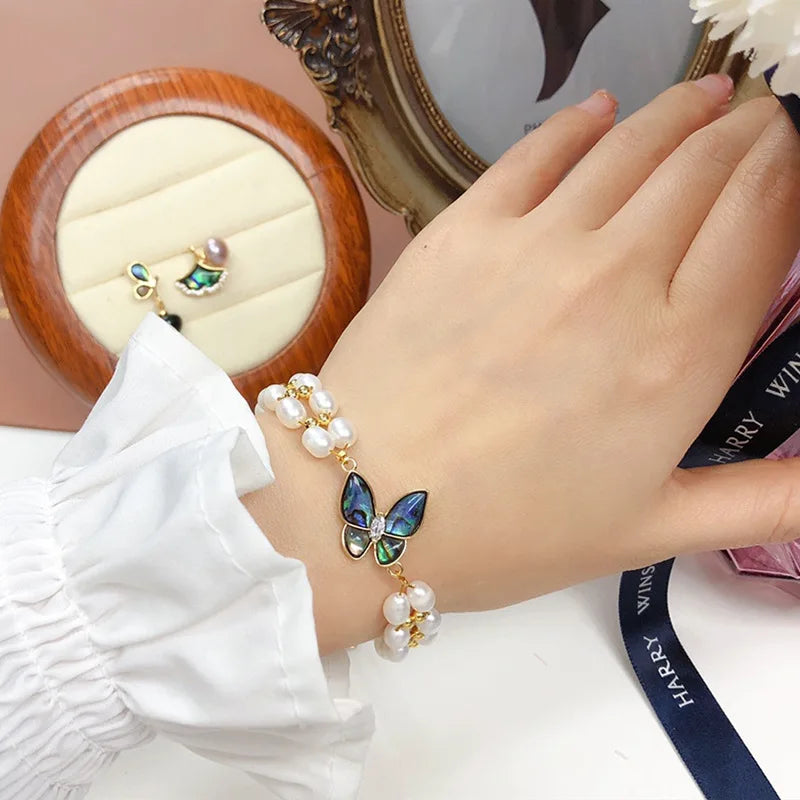 Freshwater Pearl Bracelet Women's Abalone Shell Butterfly Jewelry