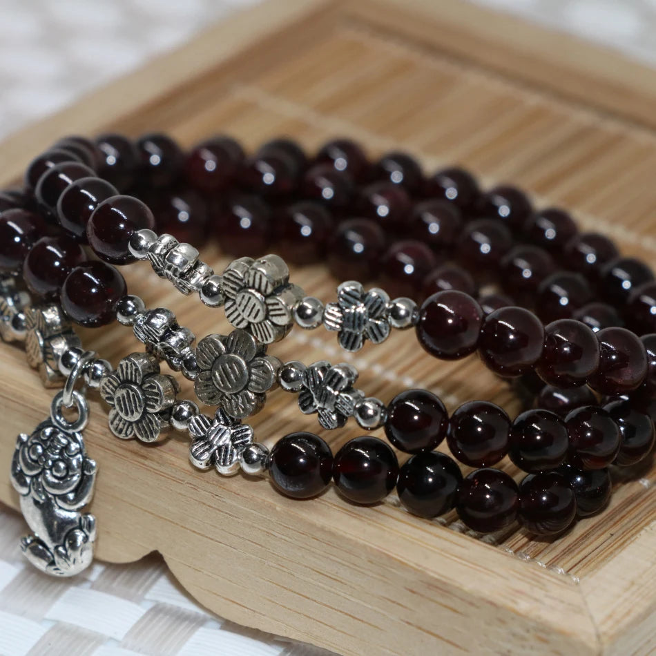 Garnet Beaded Bangle 3-Layer Bracelet for Women B2100