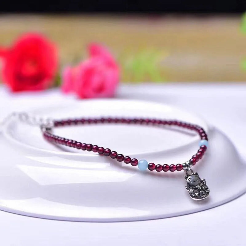 Garnet Anklet with Zhaocai Cat Accessories DIY Hand-Woven 3MM Ornaments