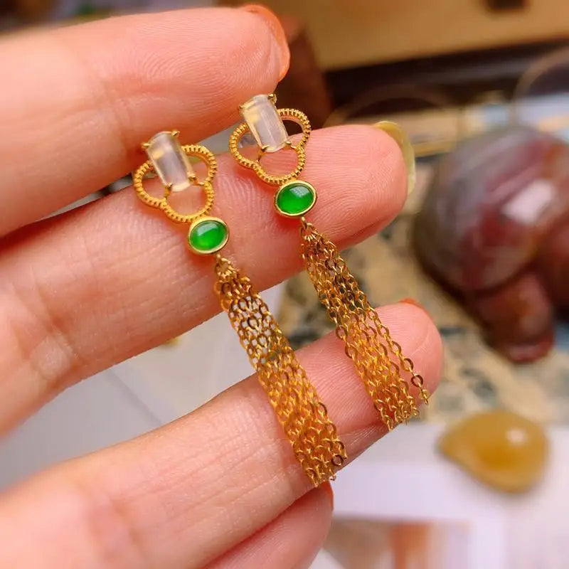 Chalcedony Tassel Earrings Chinese Retro Silver Jewelry