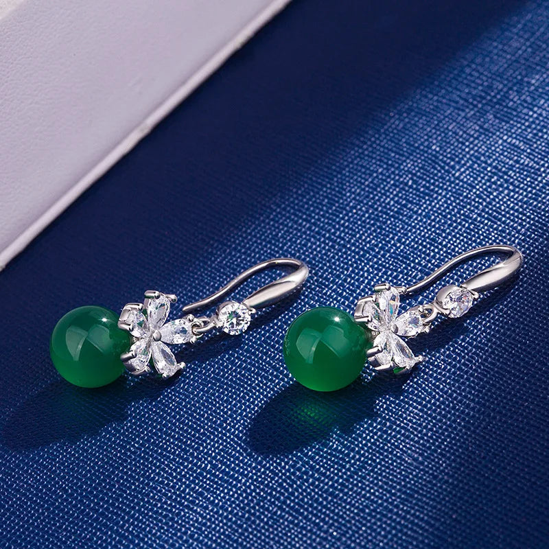 Green Agate Jade 925 Silver Earrings Vintage Topaz Chalcedony Diamond Gemstones