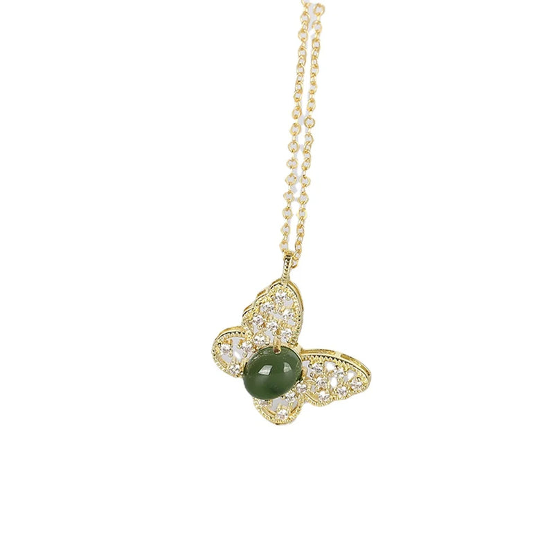 Green Jade Butterfly Pendant Necklace for Women