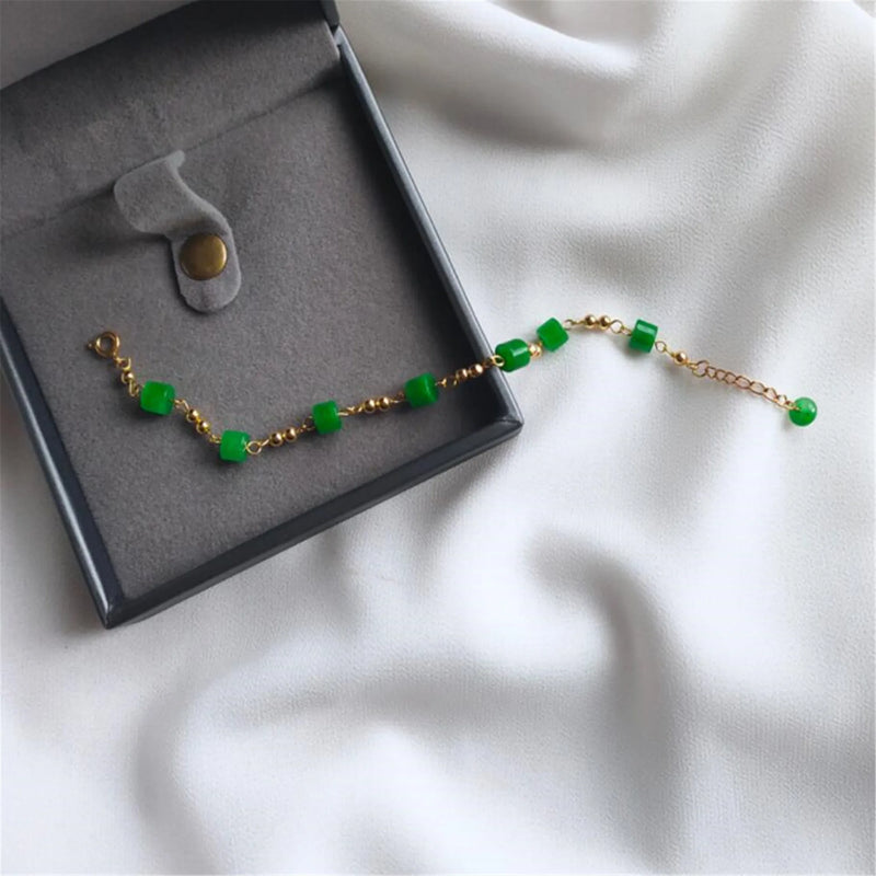 Green Jade Gemstone Chalcedony 18K Chain Bracelet Gift for Her