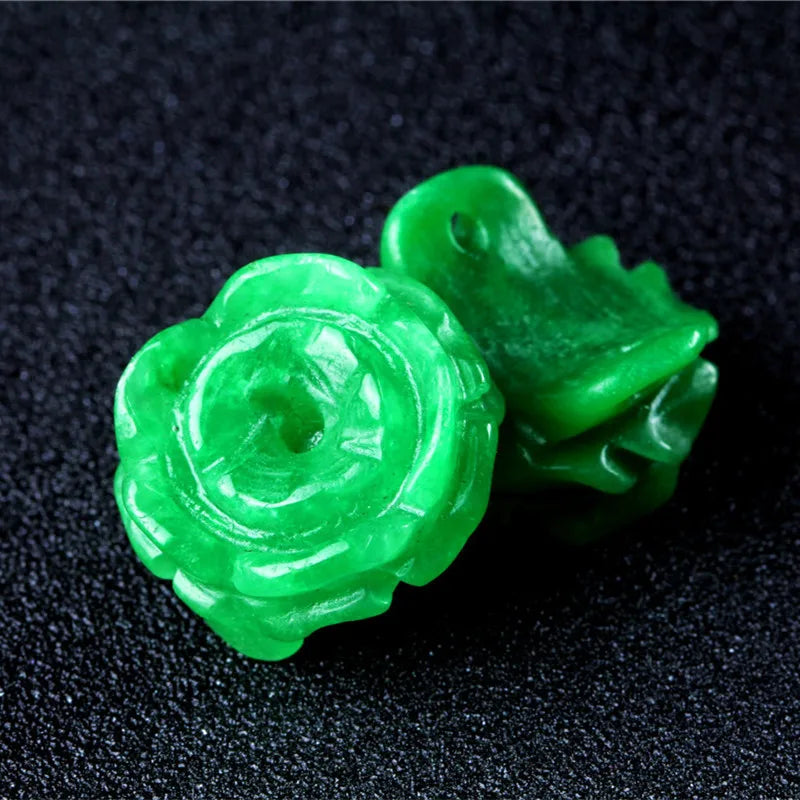 Natural Green Jadeite Handcarved Rose DIY Pendant Ring Jade Accessories