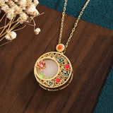 Hetian Jade Enamel Flower Necklace Pendant Vintage Retro Cheongsam Jewelry