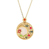 Vintage Hetian Jade Enamel Flower Necklace Pendant