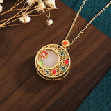 Vintage Hetian Jade Enamel Flower Necklace Pendant