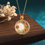 Hetian Jade Enamel Flower Necklace Pendant Vintage Retro Cheongsam Jewelry