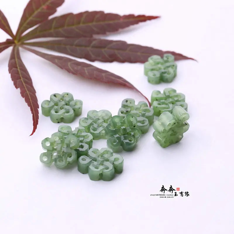 Handcarved Chinese Flower Green Jade Beads for DIY Bracelets - 2pcs