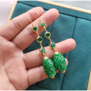 Handcarved Green Jade Earrings 925 Sterling Silver Jewelry for Women