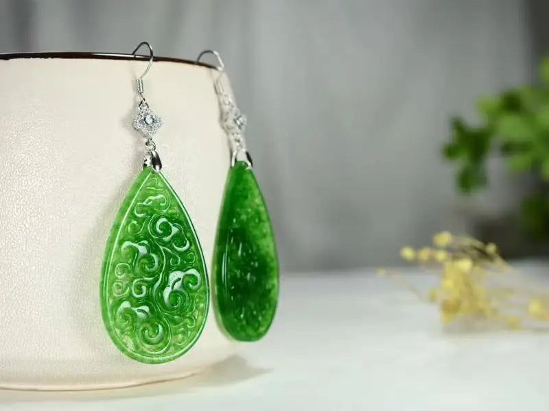 Handcarved Green Jade Earrings with 925 Sterling Silver