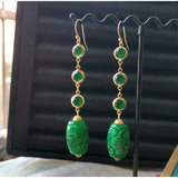 Handcarved Green Jade Earrings 925 Sterling Silver Jewelry for Women