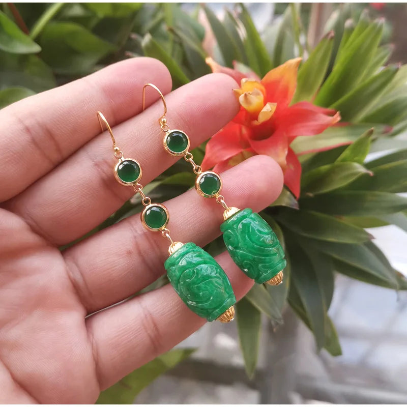 Handcarved Green Jade Earrings 925 Sterling Silver Jewelry for Women
