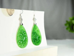 Handcarved Green Jade Earrings with 925 Sterling Silver